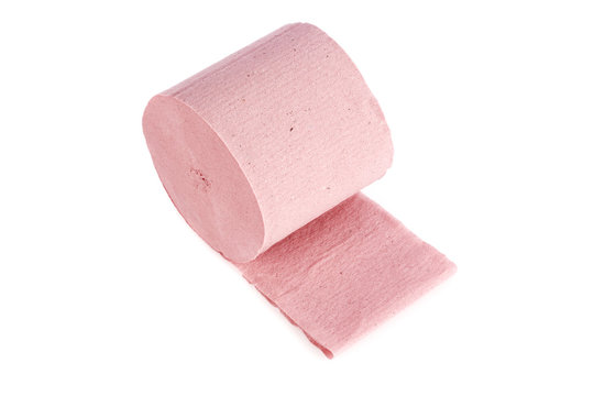 Pink toilet paper, isolated on white background