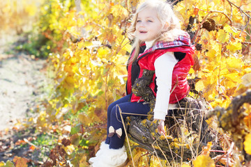 Little girl is sitting on the grape branch