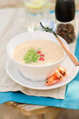 Cheese Shrimp Cream Soup in a White Bowl