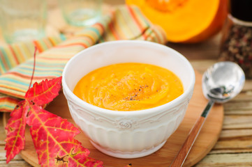 Pumpkin Cream Soup in a White Bowl