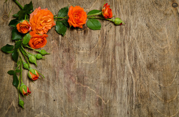 Corner from roses with leaves on wooden background.