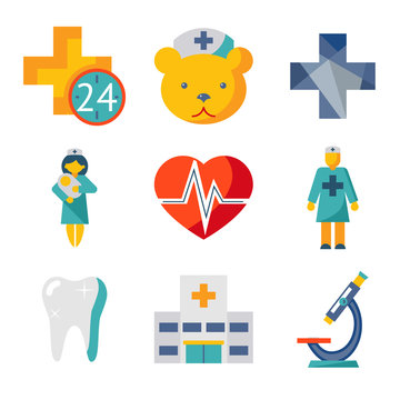 Medical care and health isolated modern trendy flat icons set