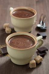 two cups of hot chocolate and sugar cubes