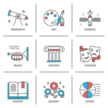 Education subjects line icons set
