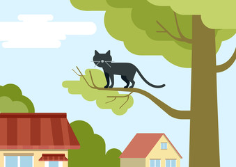 Cat on tree branch on the street flat design cartoon vector pets
