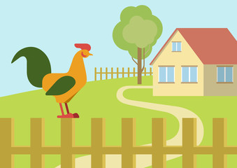 Cock rooster farm fence flat design cartoon vector animals birds
