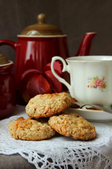 Homemade oatmeal cookies and a cup of tea.