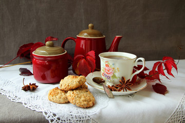 Tea with homemade oatmeal cookies.