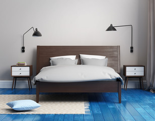 Contemporary fresh elegant blue bedroom with rug