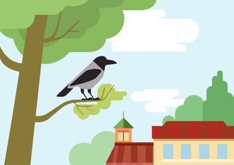 Crow tree branch flat design cartoon vector wild animals birds