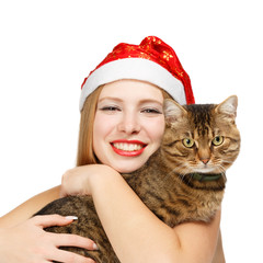 Smiling santa woman with tabby cat