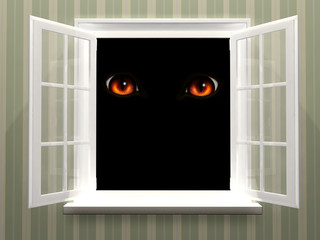 Eyes of monster  in open window