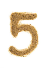 Number 5 made of sand isolated on white