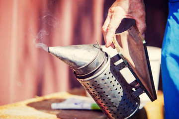 bee smoker in beekeepers hand on a sunny day 