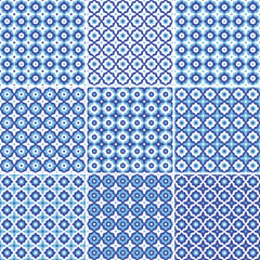 Set of seamless pattern white  blue ceramic tile