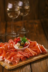 antipasti Platter of Cured Meat,   jamon, olives, sausage, salam