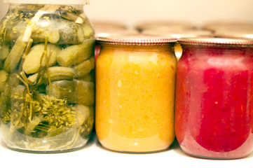 Various canning vegetables in glass jar