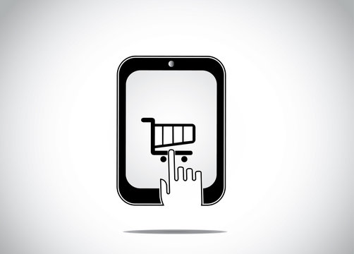 human hand click shopping cart icon tablet smartphone buy online