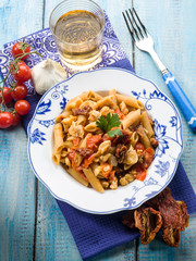 pasta with fish ragout and dried tomatoes