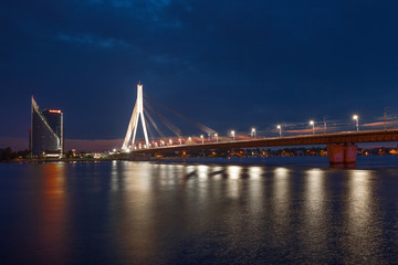 Fototapeta premium Modern cable bridge over Daugava river in Riga, Latvia