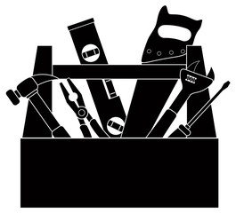 Construction Tools in Tool Box Black and White Illustration - 71920696