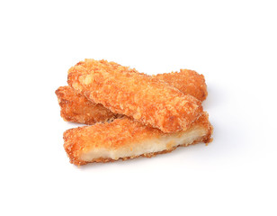 Battered fish fillet isolated over white background.