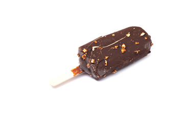 ice cream covered with chocolate and almonds,isolated on white