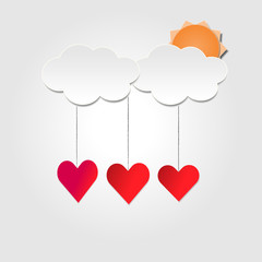 Three hearts with cloud and sun in paper cut background