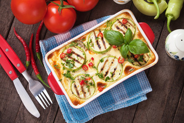 Moussaka dish with zucchini and chili pepper