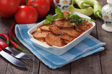 Moussaka dish with potato and chili pepper