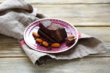 piece of dark chocolate on plate