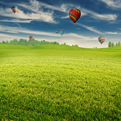 Obraz premium Summer field with lot of air balloons over horizon, abstract lan