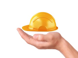 hand hold Construction Helmet on white background