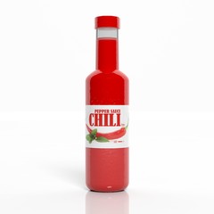 3D chili sauce transparent bottle isolated on white