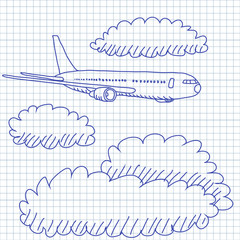 Airplane through the clouds doodles drawing