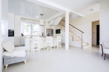 Bright open kitchen in modern interior, horizontal