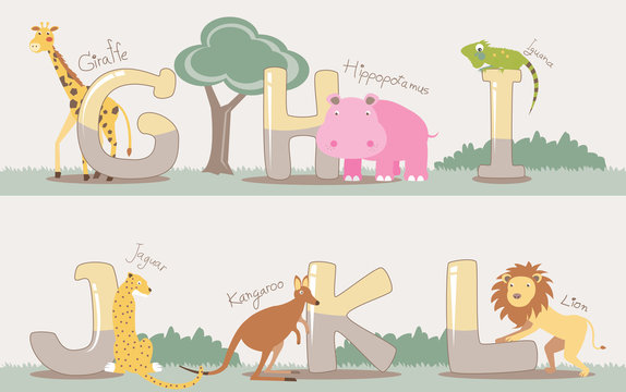 Vector alphabet set from G to L with cute animals