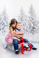 Children ride a sledge in the winter wood.