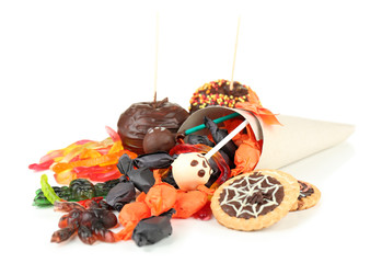 Different sweets for Halloween party, isolated on white