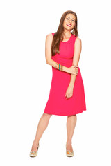 Woman in red dress. Full body isolated white background