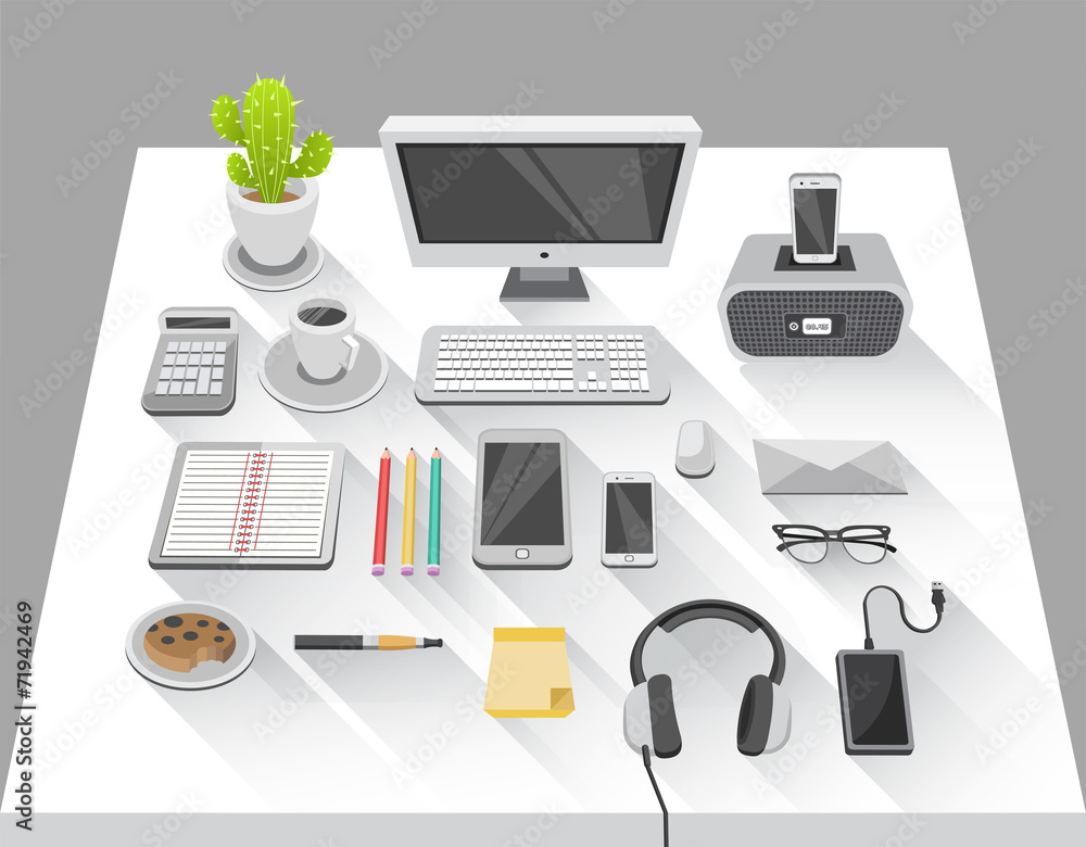 Poster desk with computer and various media devices vector