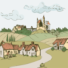 Landscape with houses, castle, fields and hills.