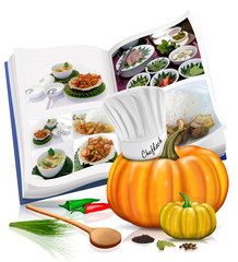 Kochbuch mit Kochmütze, Chili, Kürbis und Kochlöffel, freiges