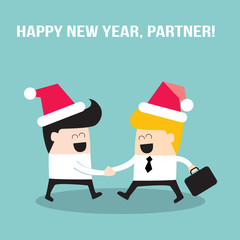 Happy businessmen people shaking hands  in Santa Claus hats