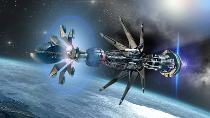 Fototapeta na wymiar Spaceship with Warp Drive in the initiating state