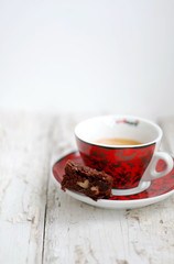 Chocolate brownies with coffee, selective focus