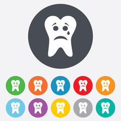 Tooth sad face with tear sign icon. Aching tooth