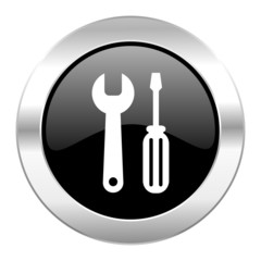 tools black circle glossy chrome icon isolated