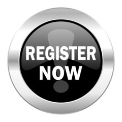 register now black circle glossy chrome icon isolated
