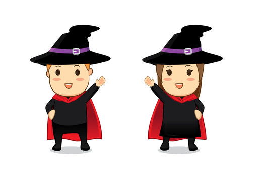 Witch and Wizard cartoon in greeting action